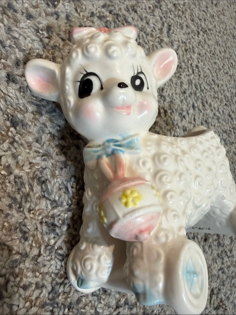Vtg Baby Lamb on Wheels Bell Planter Art Nursery Pottery Inarco Japan MCM Kitsch